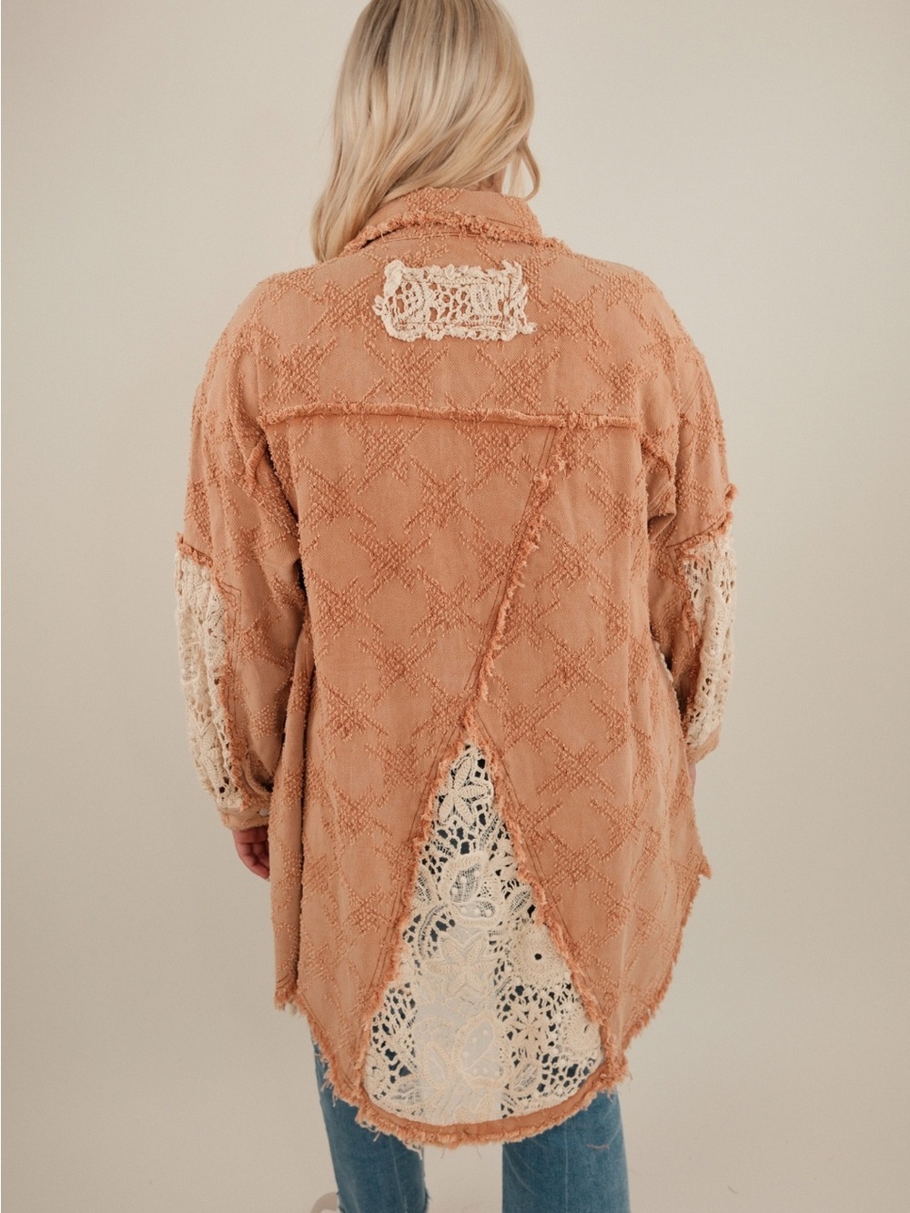 NWT POL Dusty Rose Lace Overlay Shirt Jacket Shacket Boho Crochet Fall Size M/L - Picture 2 of 9